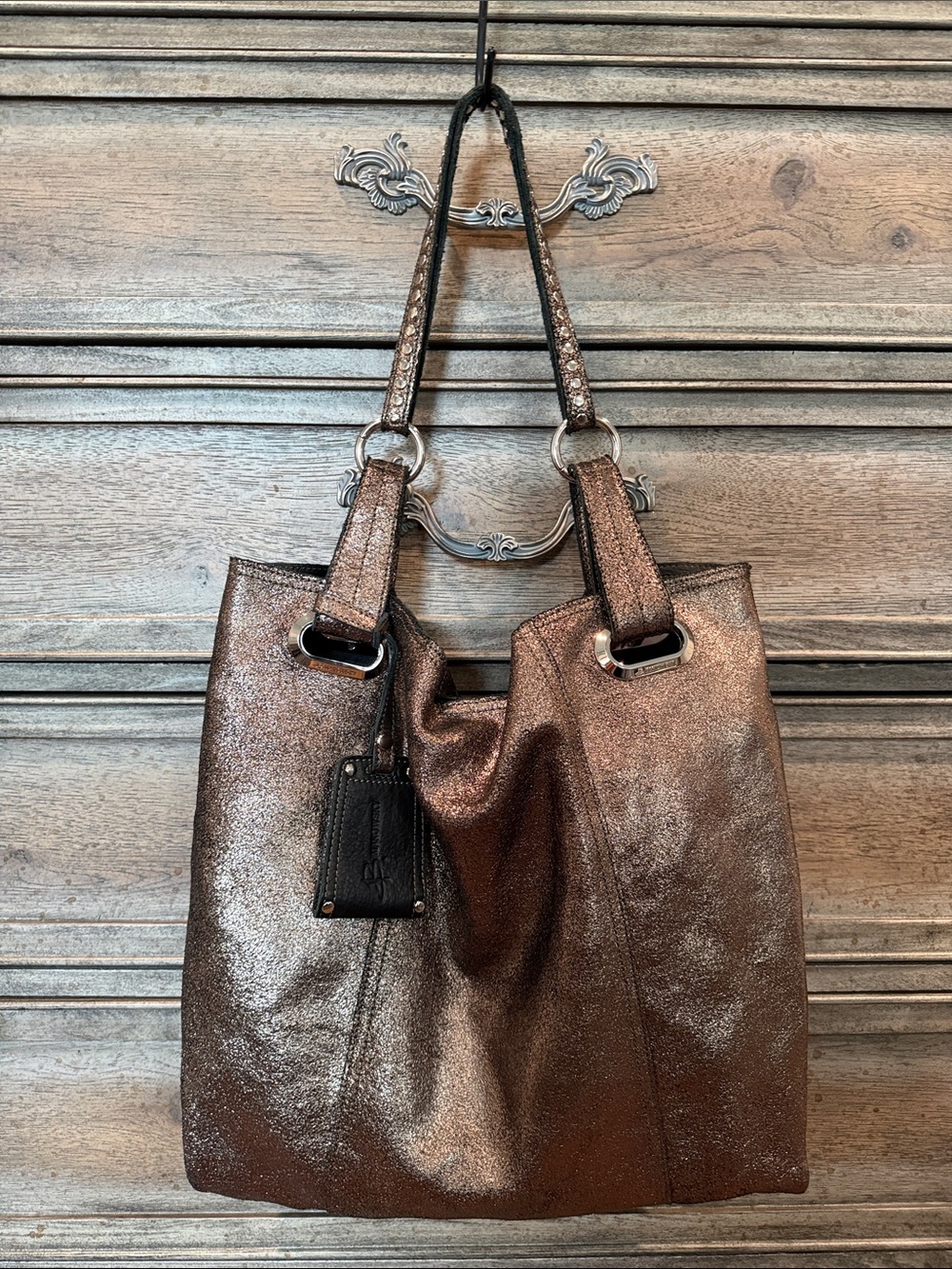 B Makowsky Leather Lg. Metallic Bronze Shldr/ToteBag, Silver Stud Accents *Rare